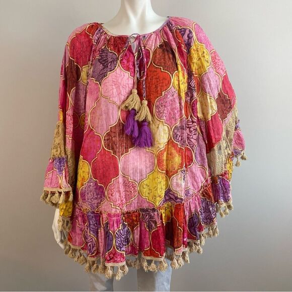 Tolani Tops - TOLANI COLLECTION Pink Sparkly Boho Tassel Fringe Oversized Poncho Tunic Blouse